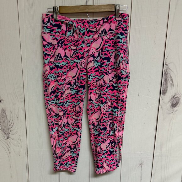 Lilly Pulitzer Luxletic Cropped Leggings Lobstah Roll Print Women’s Large EUC - Picture 3 of 11